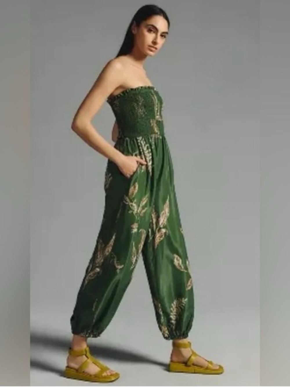 Anthropologie botanical print jumpsuit with  smocked bodice.